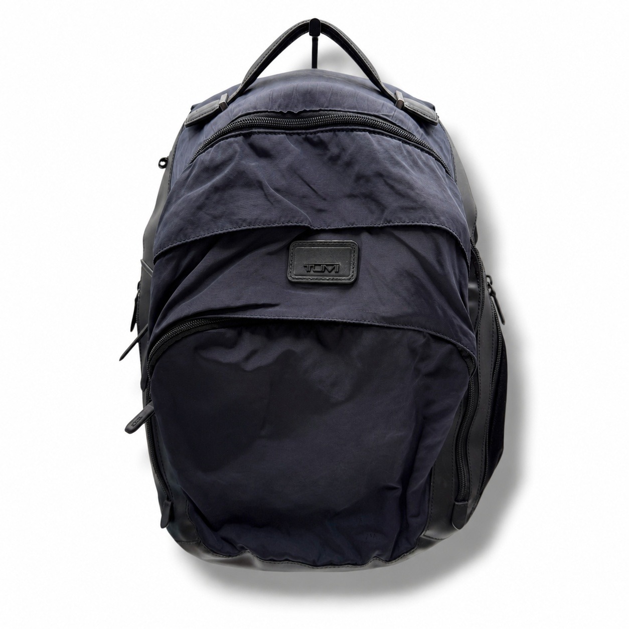 Tumi Harrison Backpack Navy Blue Nylon Black Leather Laptop Travel Business